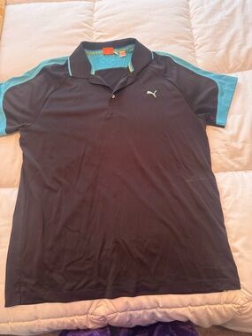 Puma Black Polo with Aqua Sleeve Accents
